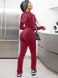 Casual Velvet Zipper Stacked Long Sleeve Top And Pant 2 Piece