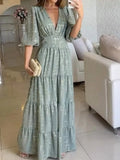 Print Half Sleeve Maxi Dresses Women V Neck Loose Hem Elegant Dress Hight Waist Loose Hem Women 2 Piece Sets Women-Outfit