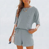 Casual Cotton Linen Pocket Sets Short Sleeve T Shirt And Elastic Shorts Two Piece Set Women Beach Solid Outfits