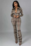 Gray Plaid Turndown Collar Zipper Long Sleeve Ruched