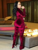 Sexy Ruched Zip Long Sleeve Top and High Waist Pants Set 2 Piece