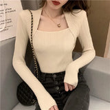 Collar Korean Fashion Pullover Sweater Women Elegant Long Sleeve Female Tops Knitted White Autumn Jumper Clothes
