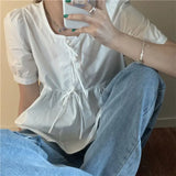 Style Blouse for Women Sweet Puff Sleeve Summer Loose Shirts Crop Tops Bandage Chic Blouses 2023 Blusas Mujer De Moda-Outfit