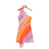Halter Collar Orange Gradient Tie dye print Cross lacing up Bow Backless Sling Dress Women Irregular Mini Robe Vestido-Outfit
