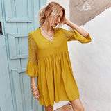 Sunmmer New Women Casual Lace Dress Boho V-neck Knee Loose Dress Hook Hollow Women Summer Bohemian Dress Yellow