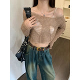 New Sexy Hot Girl Design Hollowed-Out Short Knitted Sweater Crocheted Long-Sleeved Blouse-Outfit