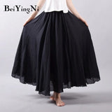 Linen Cotton Vintage Skirt Women Solid Beach Boho Pleated Maxi Skirts Summer Fashion Retro Elastic Waist Saia