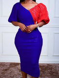 Formal Lace Patch V-Neck Puff Sleeve Midi