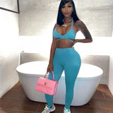 Casual Sporty Set Woman 2 Pieces Halter Crop Top Camisole High Waist Pants Matching Sets Sexy Backless Solid Slim