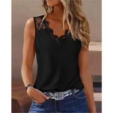 Slim Fit Sleeveless Pullover Shirt Women 2023 Summer Solid Color Lace Stitching V-Neck Casual Tank Top Woman