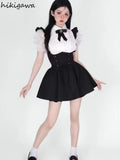 Skirt Suit Korean Two Piece Set for Women Ruffles White Puff Sleeve Shirt Tunic Bandgae Strap Skirts Outfits Y2k