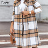 Winter Women Long Wool Jacket Elegant Turn Down Collar Plaid Coat Ladies Casual Button Outerwear Warm Streetwear