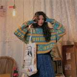 Retro Striped Women Sweater Pullover Tops Autumn Winter Thick Loose Long-Sleeved Round Neck Harajuku Street Style Sweater