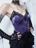 Dark Velvet Lace Sling 2023 Fall New Sexy Spicy Girl Spliced Blouse Girl-Outfit