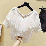 Lace Blouse Women New Short Sleeve Ruffle Stitching Chiffon Shirt V-neck Slim Sweet Solid Korean Chic Tassel Tops