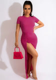 Short Sleeves Ruched Strings Slit Long Party