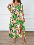 New Floral Print Dress Tight Belt V-Neck Short-Sleeved Dress