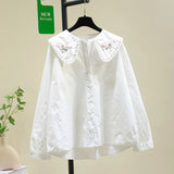 Embroidered Doll Collar White Shirt Women 2025 New Loose Thin Lantern Sleeve Shirt