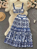 Blue And White Porcelain Printing Set Women's Summer Pure Desire To Bare Belt Slings Small Vest + High Waist Mid-Long