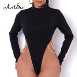 Metal Chain Bodycon Bodysuit O Neck Long Sleeve Solid Black Women Autumn Fashion Sexy Slim Female Jumpsuits