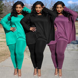 Plus Size Two Piece Sets for Womens Elastic Waist Long Sleeves Round Neck Solid Casual Loose Wholesale