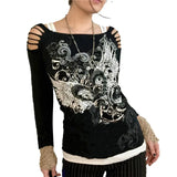 Y2K Grunge Tshirts 90s Fairycore Harajuku Gothic Off Shoulder Top Angel Wings Print Tshirts Streetwear Academia