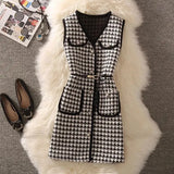 plaid Mid-Length Tweed Vest Jacket with belt Casual Long Waistcoat And Knitted Sweater Elegant 2 Piece Set Women Outfits 703-1-Outfit