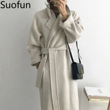 Sleeve Casual Vintage Belt 2021 New Fashion Long Autumn Faux Wool Blend Woolen Coat Winter Warm Women Warm Wool