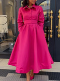 Women's Clothing 2025 Autumn New Large Swing Solid Color Collar Long Sleeve A Dress African