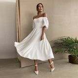 Graduation party Sexy Slash Neck Backless Midi Dress Autumn High Waist Elegant Puff Sleeve A-Line Long Party Dresses For