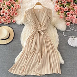 Summer Women Green/Red/Beige Pleated Midi Dress Vintage V-Neck Draped Party Robe Female Elegant Casual Vestidos New Fashion