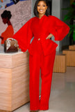 Formal Puff Sleeve Peplum Top and High Waist Pants Set 703-1-Outfit
