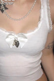 Metal Bow Lace Stitching Tank Top Kawaii Sleeveless Crop Tops Coquette Aesthetic Camis Fairycore Lolita Sweet Vest