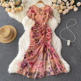 Retro Minority Design Rope Printing V-Collar Jumpsuit Skirt Summer Women's Dress Waist Hip Fishtail Skirt Tide-Outfit