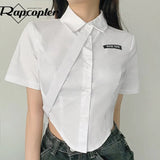 Y2K White Corest Top Cotton Preppy Style T Shirt Cute Summer Korean Style Short Women's Tees Turn Down Collar