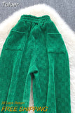 Women Green Long Pants High Elastic Waist Pockets Wide Leg Trousers Plaid Casual Female Autumn Winter Bottoms