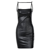 Sleeveless Solid Slash Neck Pu Leather Backless Sexy Mini Dress Autumn Winter Women Fashion Party Club Clothes