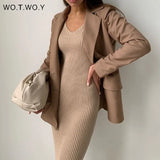 WOTWOY V-Neck Wrapped Knitted Dress Women Autumn Solid Sheath Sweater Dresses Women Knee-Length Bodycon Long Sweater Female