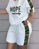 O-neck Patchwork T Shirt Two Piece Set Casual Loose Print Tshirt Short Set Women 2023 White Pockets Shorts Suits-Outfit