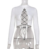 ArtsuWomen Fashion Sexy Cross Lace Up Hollow Out Bodycon T-Shirts Female Solid Long Sleeve Slim Crop Top Tees