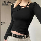 Asymmetric Cutout Crop Top Long Sleeve Tees Y2k Streetwear Black Clothes for Women Sexy T Shirts Spring 2023