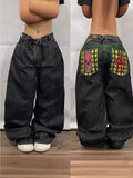 Street Personality Pattern Loose Straight Tube Wide Leg Jeans E-Commerce Y2K Gothic Style Denim Trousers Girl-Outfit