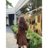 Design-Sensitive Cocoa Wave Point Slashing Trumpet Sleeves Wave Dot Dress In Autumn