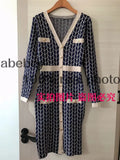 French Plaid Knitted Dress Women V Neck Sweater Sheath Hight Quality Dress Elastic Waist OL Warm Midi Long