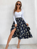 Printed Modest High Waist Elastic Waist Print Midi A-Line