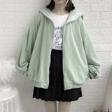 QWEEK Kawaii Black Zip Up Hoodie Women Sailor Collar Sweatshirt Japanese Streetwear Soft Girl 2021 Fashion Oversized