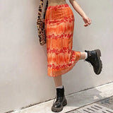 Summer Women Skirts Female High Waist Floral Printing Boho Beach Casual Style Orange Midi Skirt Party Holiday