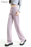 Korean Long Trousers Casual Denim Pants Simple Female Spring 2023 Straight Loose Women's Wide Leg Jeans Pink Purple