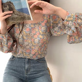 Sweet Young Style Floral Square Collar Shirt Spring Autumn Fashion New Long Sleeve Loose Female Printed Vintage