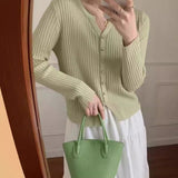 Gentle Style Sweater Spring And Autumn New Solid Color Gold Button V Neckline Sweater Cardigan Short Outer Coat-Outfit